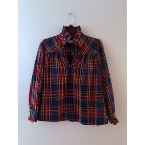 CK Bradley Ruffle Blouse Tartan Plaid Size XS Red Blue Preppy Holiday Oversize